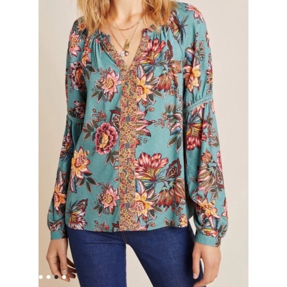 Farm Rio Anthropologie Women's Boho Paola Floral Peasant Blouse Top Shirt Sz M